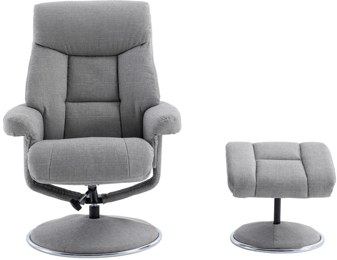 Global Furniture Alliance Biarritz Swivel Recliner Chair and footstool upholstered in Lisbon Silver fabric