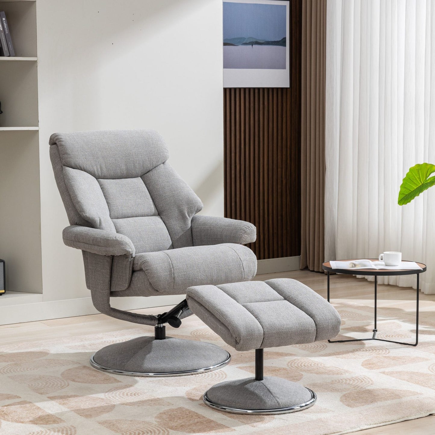 Global Furniture Alliance Biarritz chair and footstool in Lisbon Silver fabric, with a swivel and recliner mechanism