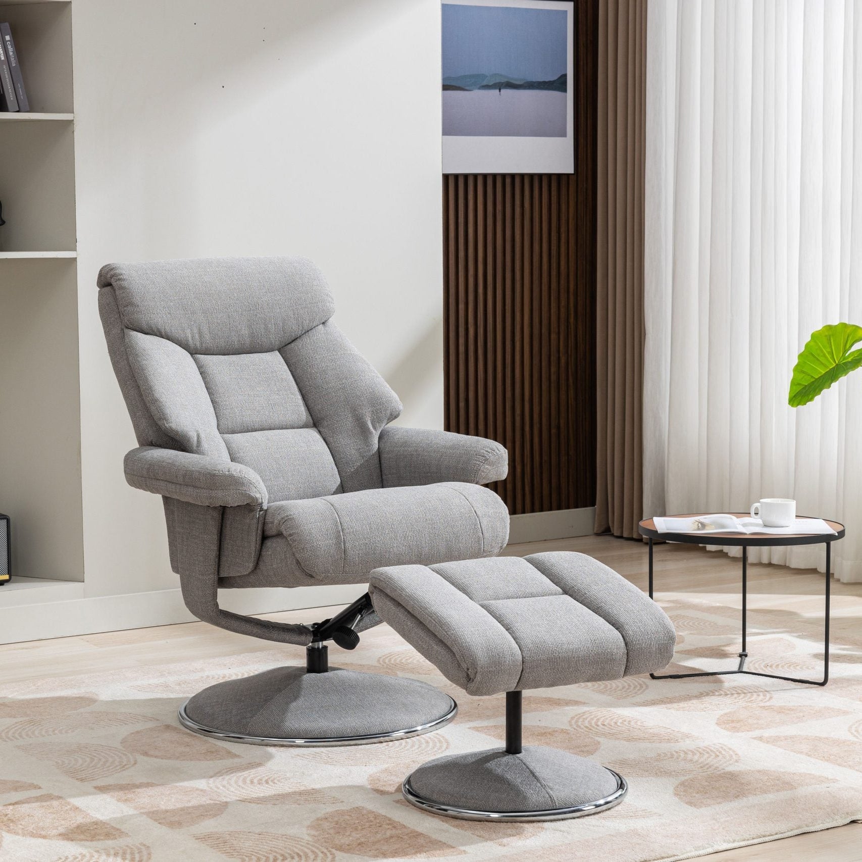 Global Furniture Alliance Biarritz chair and footstool in Lisbon Silver fabric, with a swivel and recliner mechanism