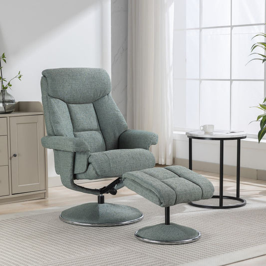 Global Furniture Alliance Biarritz Swivel Recliner Chair and matching footstool, upholstered in Lisbon Teal colour soft padded fabric
