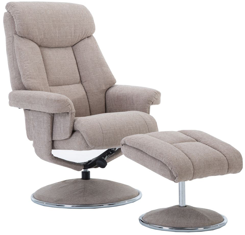 Global Furniture Alliance Biarritz Swivel Recliner Chair and matching footstool upholstered in Lisbon Wheat coloured soft touch fabric