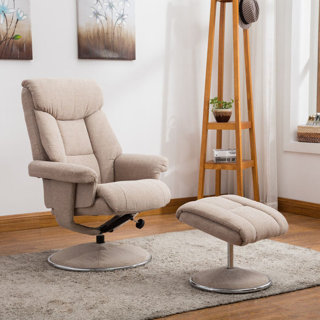 Global Furniture Alliance Biarritz Chair and Footstool upholstered in a soft comfortable Lisbon Wheat colour fabric with a swivel & recliner mechanism