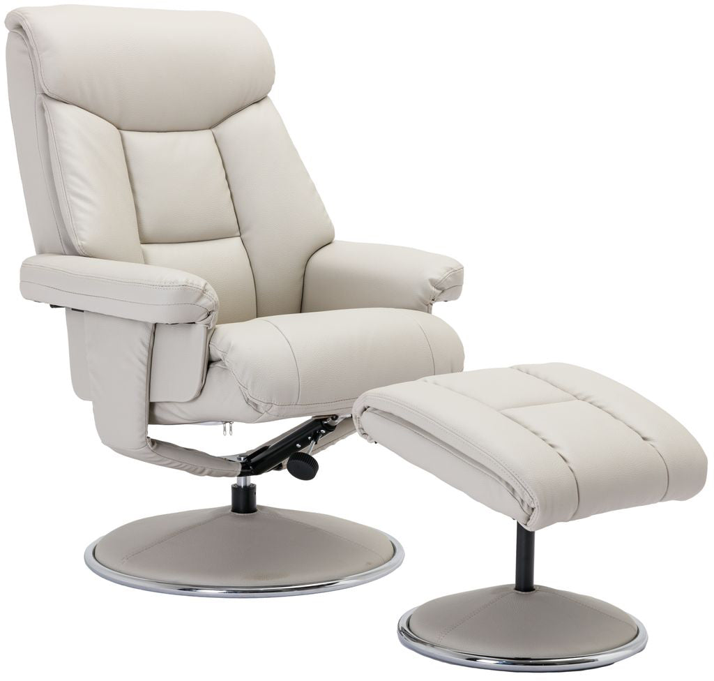 Global Furniture Alliance Biarritz chair and matching footstool in mushroom colour faux leather has a swivel and recliner mechanism