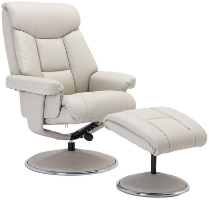 Global Furniture Alliance Biarritz chair and matching footstool in mushroom colour faux leather has a swivel and recliner mechanism