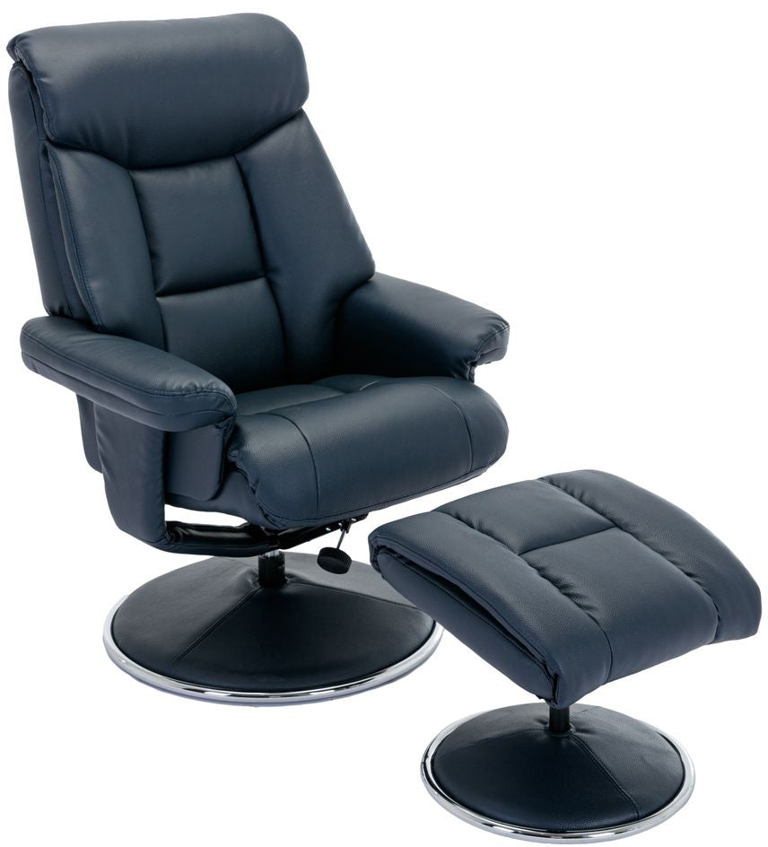 Global Furniture Alliance Biarritz Chair in navy faux leather features a swivel and recliner mechanism