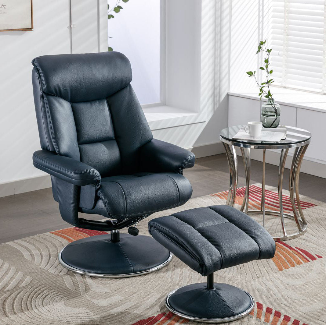 Global Furniture Alliance Biarritz Swivel and Recliner Chair in Navy faux leather with a matching footstool