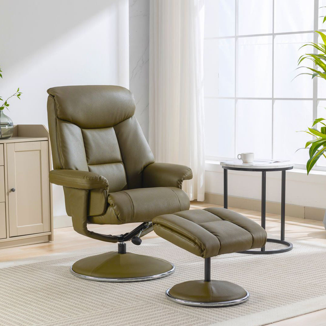 Global Furniture Alliance Biarritz Swivel Recliner Chair and matching footstool in Olive Green faux leather sumptuous fabric