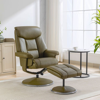 Global Furniture Alliance Biarritz Swivel Recliner Chair and matching footstool in Olive Green faux leather sumptuous fabric