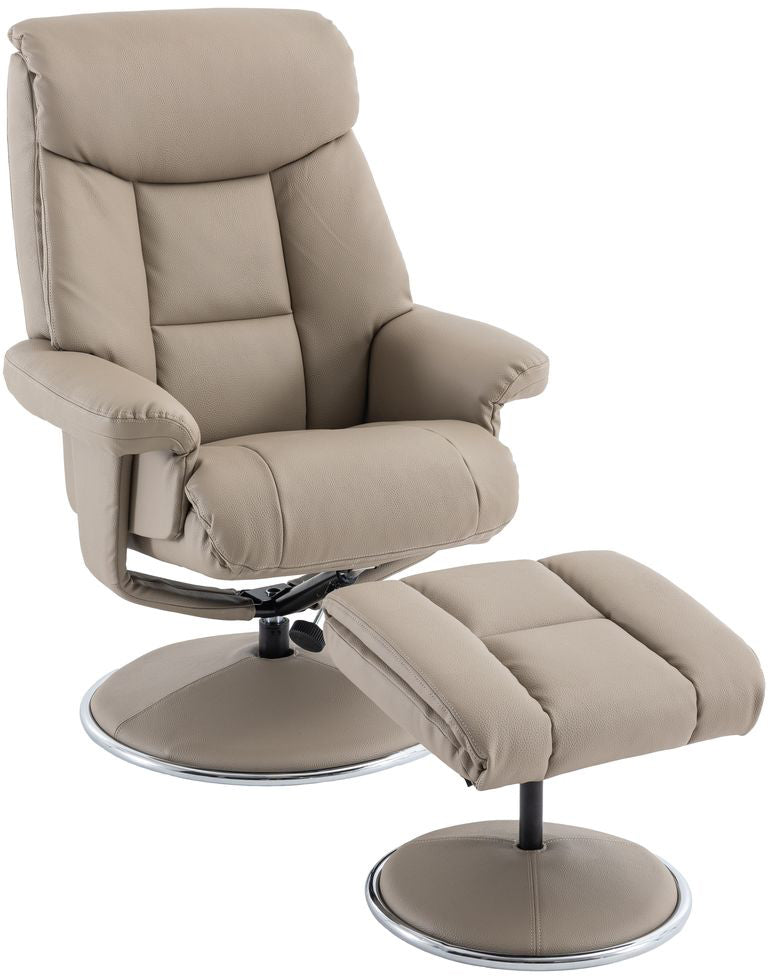 Global Furniture Alliance Biarritz faux leather chair and footstool in pebble, features a swivel and recliner mechanism and plush comfortable seating