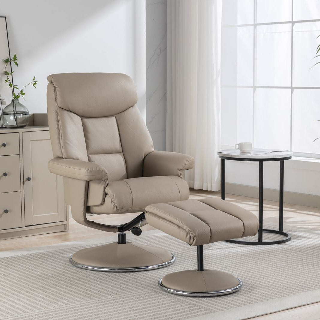 Global Furniture Alliance Biarritz Swivel Recliner Chair and matching footstool in Pebble colour faux leather with fabric covered metal base