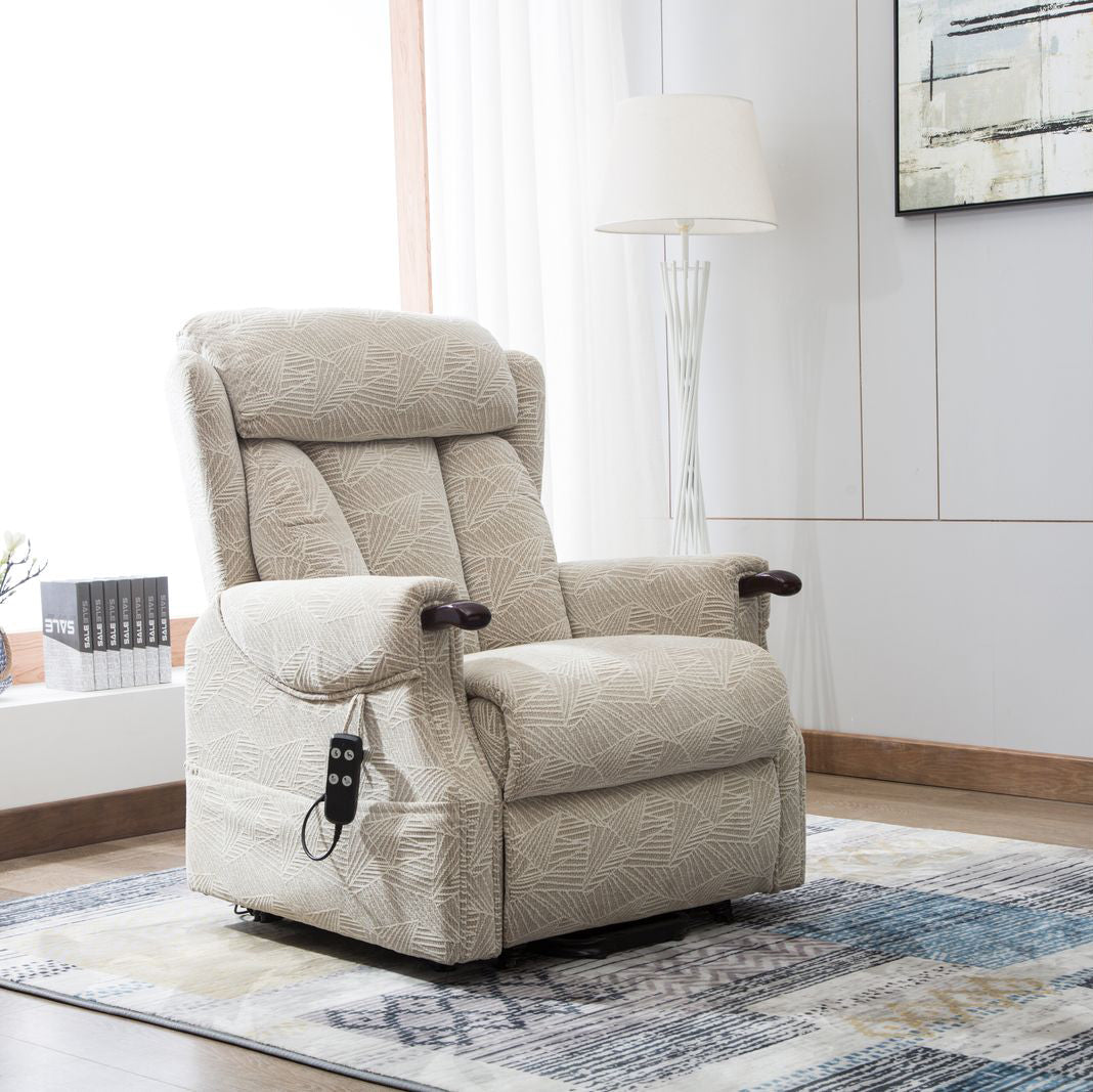 Global Furniture Alliance Denmark Riser Recliner Chair in Brushstroke Cream Fabric with cushioned backrest for comfort and support