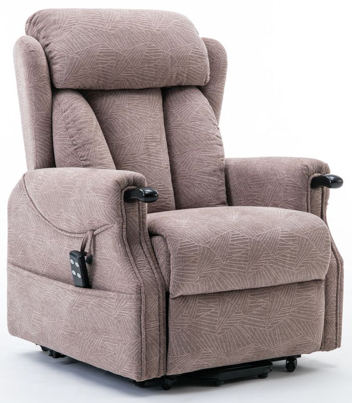 Global Furniture Alliance Denmark Riser Recliner Chair in Brushstroke Mocha Fabric features side pocket and remote control handset