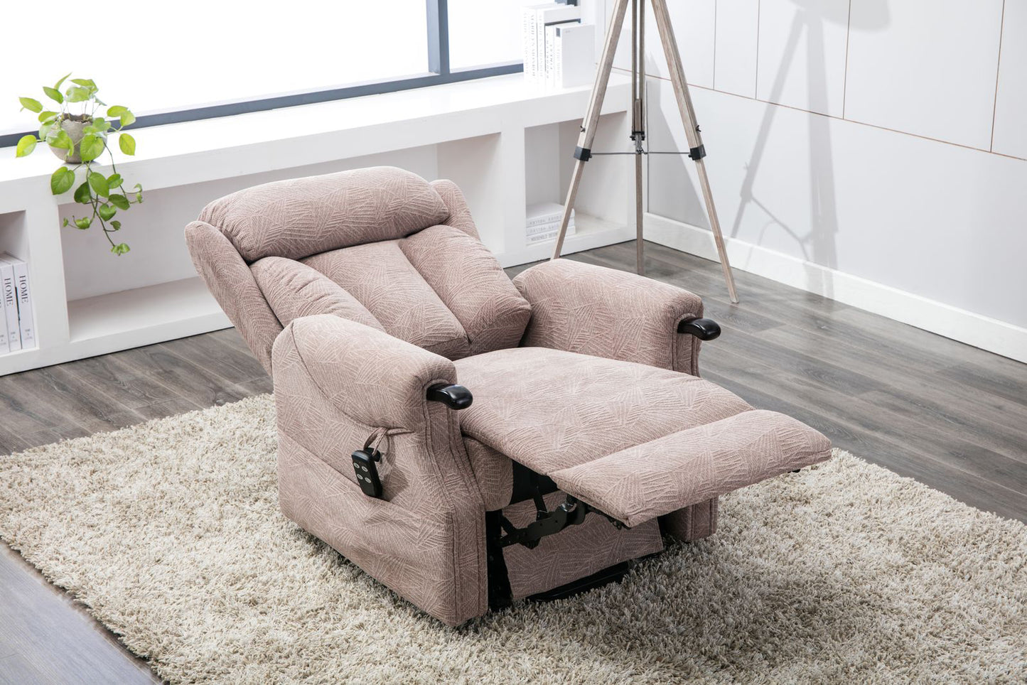 Global Furniture Alliance Denmark Riser Recliner Chair in Brushstroke Mocha Fabric has dual motor assisted power for easy adjustment