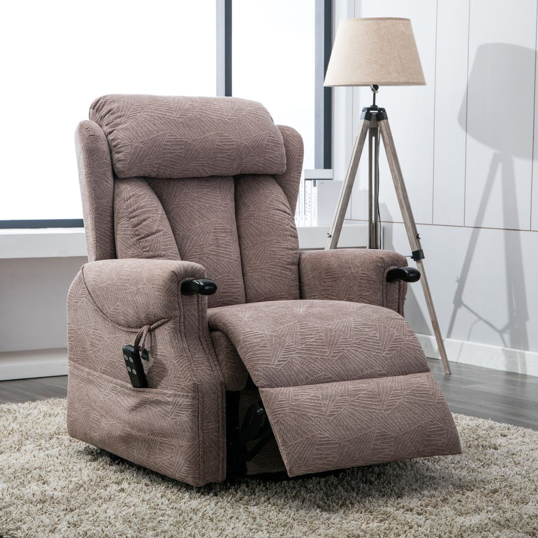 Global Furniture Alliance Denmark Riser Recliner Chair in Brushstroke Mocha Fabric with adjustable headrest and footrest and control handset