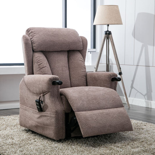 Global Furniture Alliance Denmark Riser Recliner Chair in Brushstroke Mocha Fabric with adjustable headrest and footrest and control handset