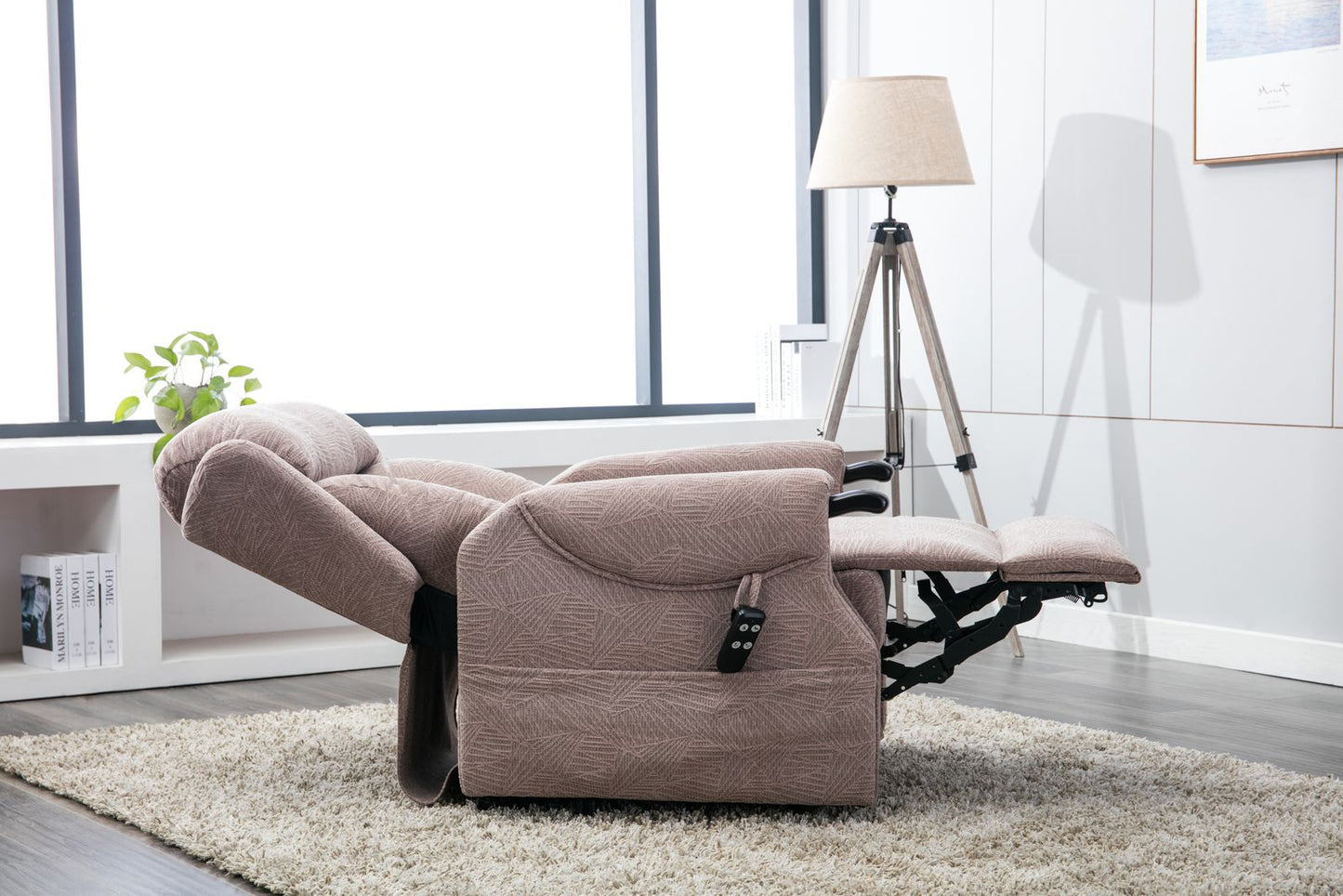 Global Furniture Alliance Denmark dual motor Riser Recliner Chair in Brushstroke Mocha colour Fabric with comfortable padded seat and control handset