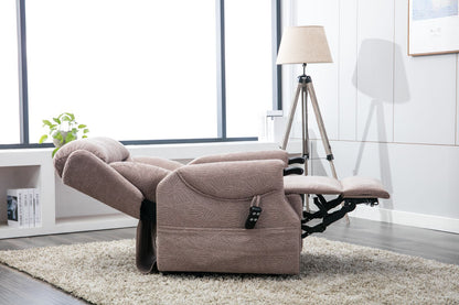Global Furniture Alliance Denmark dual motor Riser Recliner Chair in Brushstroke Mocha colour Fabric with comfortable padded seat and control handset