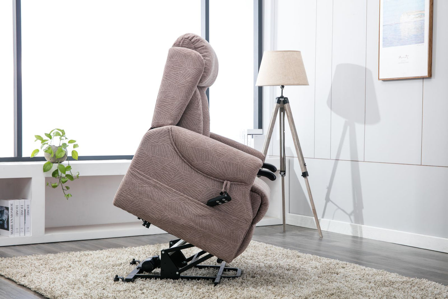 Denmark Riser Recliner Chair from Global Furniture Alliance in Brushstroke Mocha colour Fabric has dual motor power assisted lifting for easy sit and stand positions