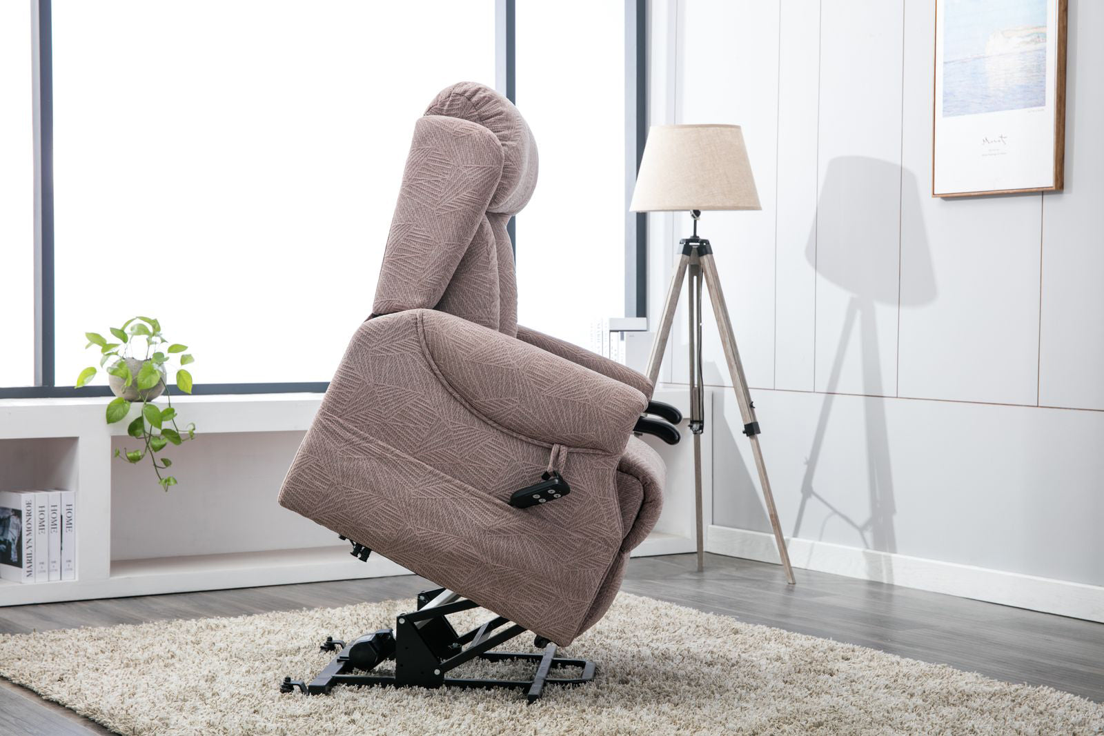Denmark Riser Recliner Chair from Global Furniture Alliance in Brushstroke Mocha colour Fabric has dual motor power assisted lifting for easy sit and stand positions