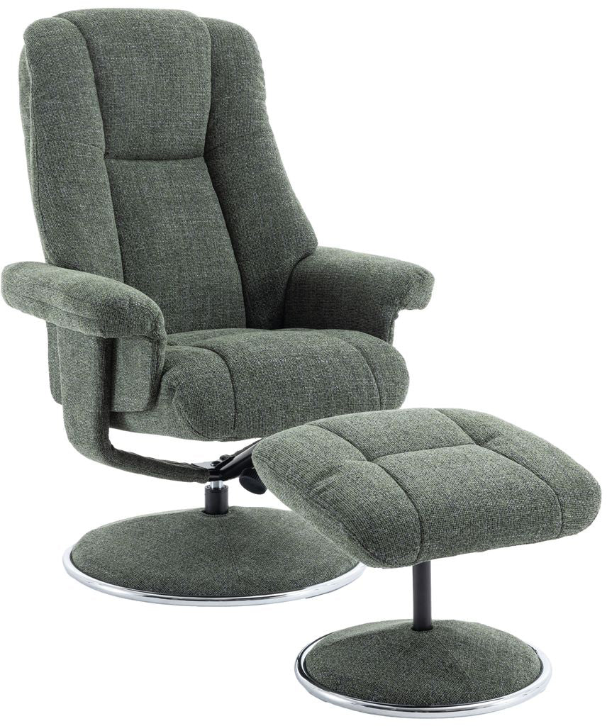 Global Furniture Alliance Denver Chair in Chacha Fern Green Fabric features a swivel and recliner mechanism, and matching footstool