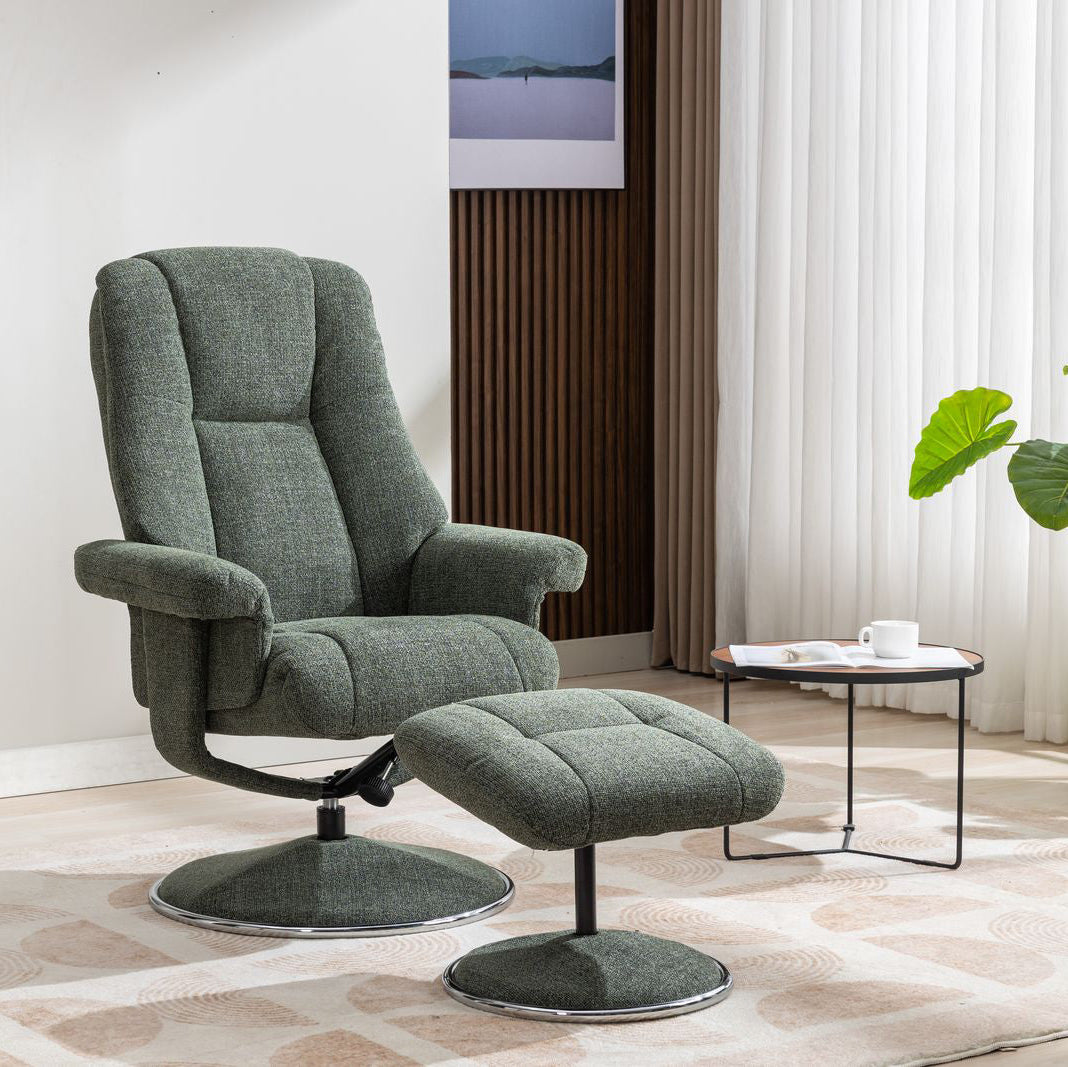 Global Furniture Alliance Denver Swivel and Recliner Chair in a soft touch Chacha Fern Green upholstery with a matching footstool
