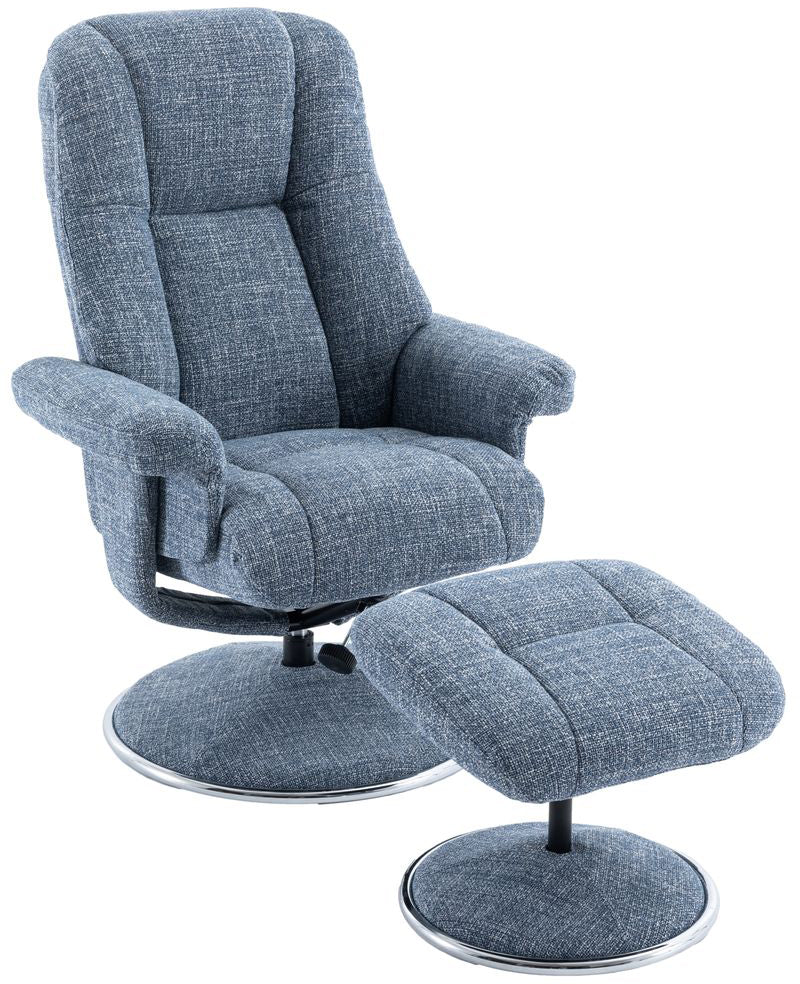 Global Furniture Alliance Denver Chair and footstool in Chacha Ocean blue soft touch fabric, with a swivel and recliner mechanism