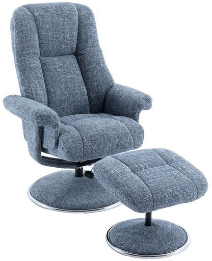 Global Furniture Alliance Denver Chair and footstool in Chacha Ocean blue soft touch fabric, with a swivel and recliner mechanism
