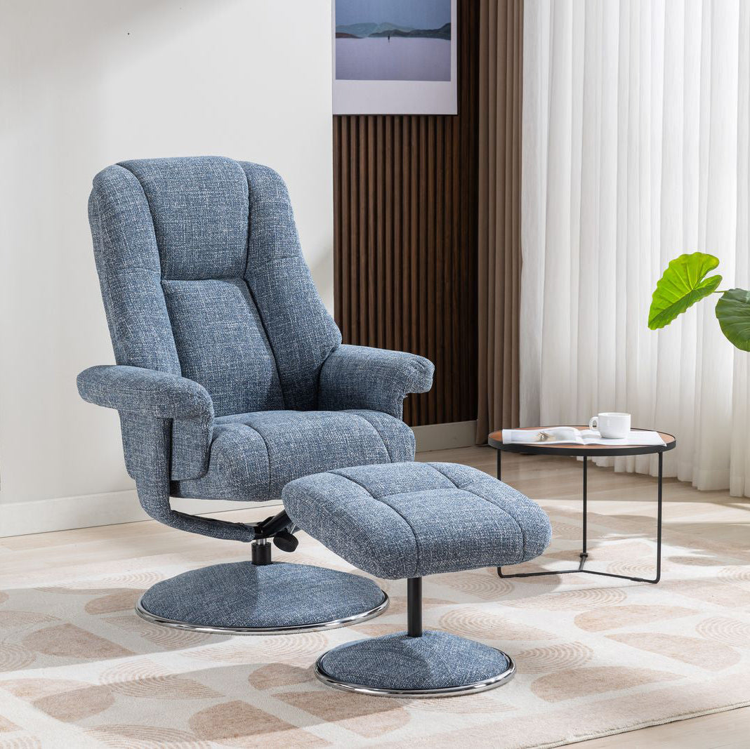 Global Furniture Alliance Denver Chair and matching footstool in Chacha Ocean blue, features a swivel and recliner mechanism