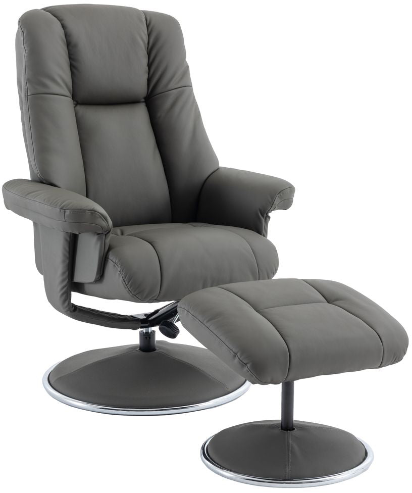 Global Furniture Alliance Denver Chair and footstool in Cinder colour soft leather with swivel and recliner mechanism