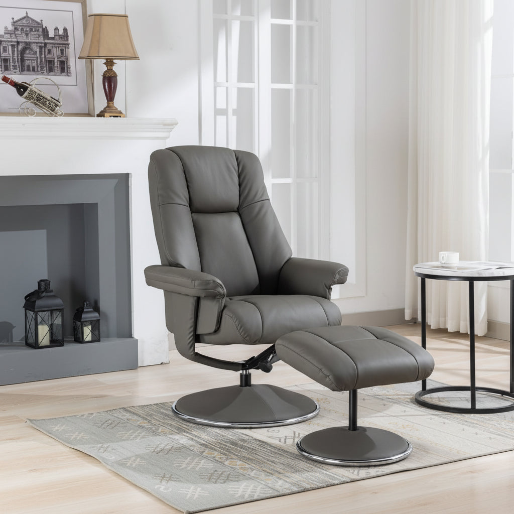 Global Furniture Alliance Denver Chair and Footstool in Cinder coloured soft leather, with a swivel and recline mechanism