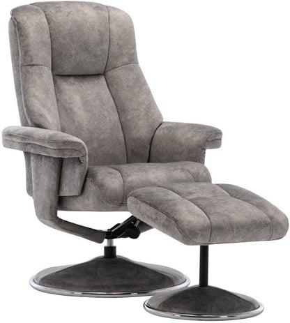 Global Furniture Alliance Denver Chair and Footstool in Elephant Grey Fabric features a swivel and recliner mechanism