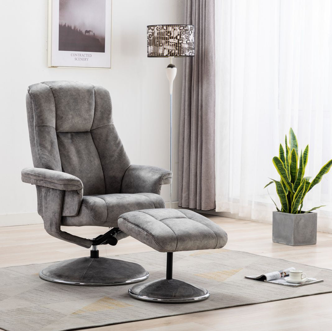 Global Furniture Alliance Denver Swivel and Recliner Chair and Footstool in Elephant Grey Fabric
