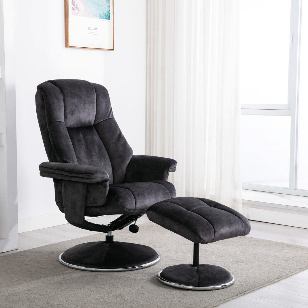 Global Furniture Alliance Denver Swivel Recliner Chair and Footstool in Liquorice colour soft touch fabric