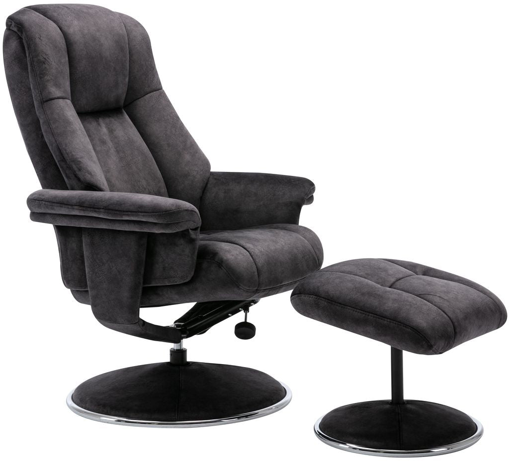 Global Furniture Alliance Denver Swivel and Recliner Chair and Footstool in Liquorice Colour Fabric with a metal base