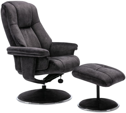 Global Furniture Alliance Denver Swivel and Recliner Chair and Footstool in Liquorice Colour Fabric with a metal base