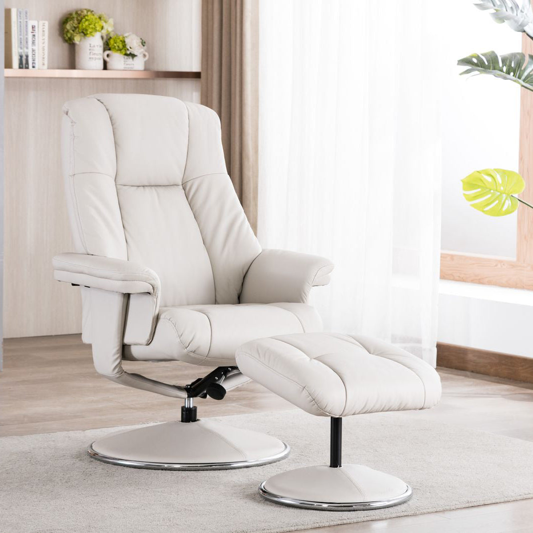 Global Furniture Alliance Denver Swivel and Recliner Chair and matching footstool in a Mushroom coloured soft touch leather