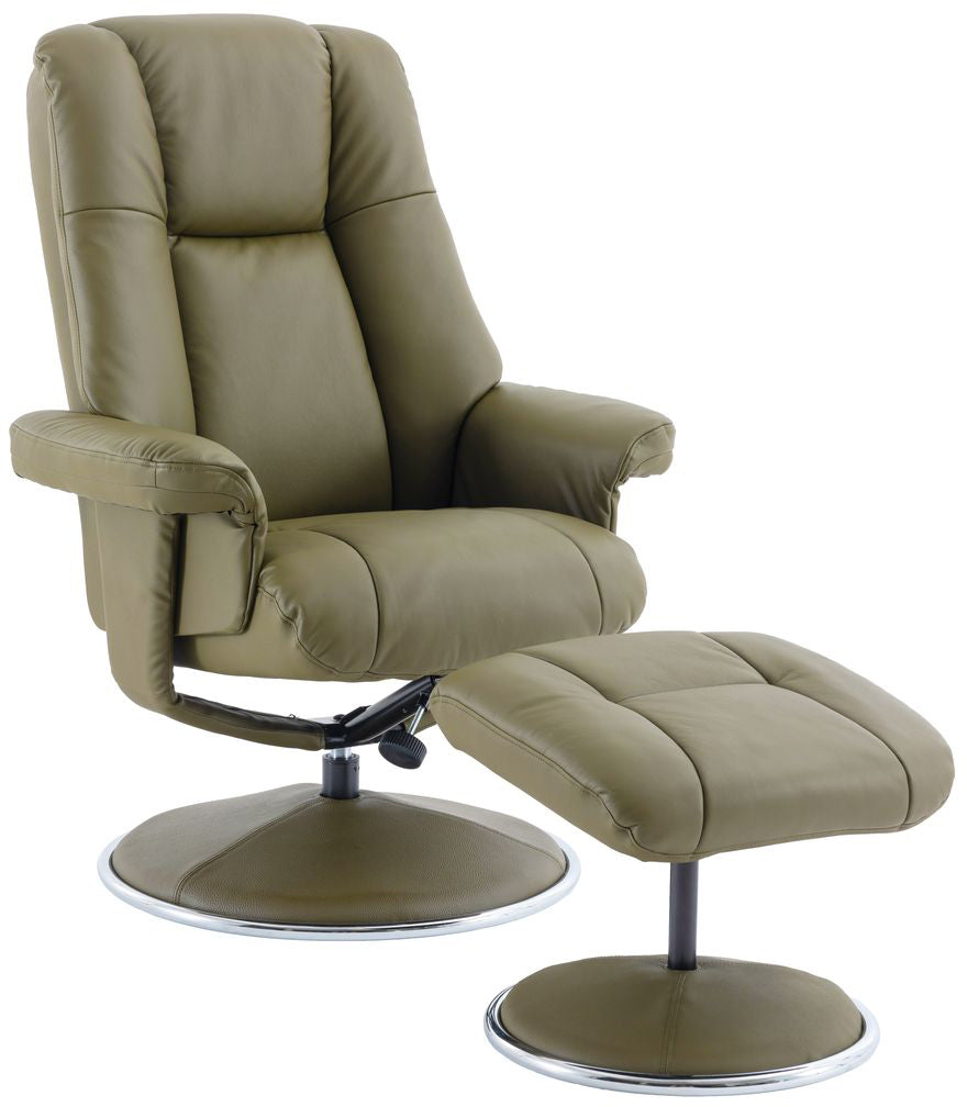 Global Furniture Alliance Denver Chair and matching footstool in Olive Green leather with swivel and recliner mechanism