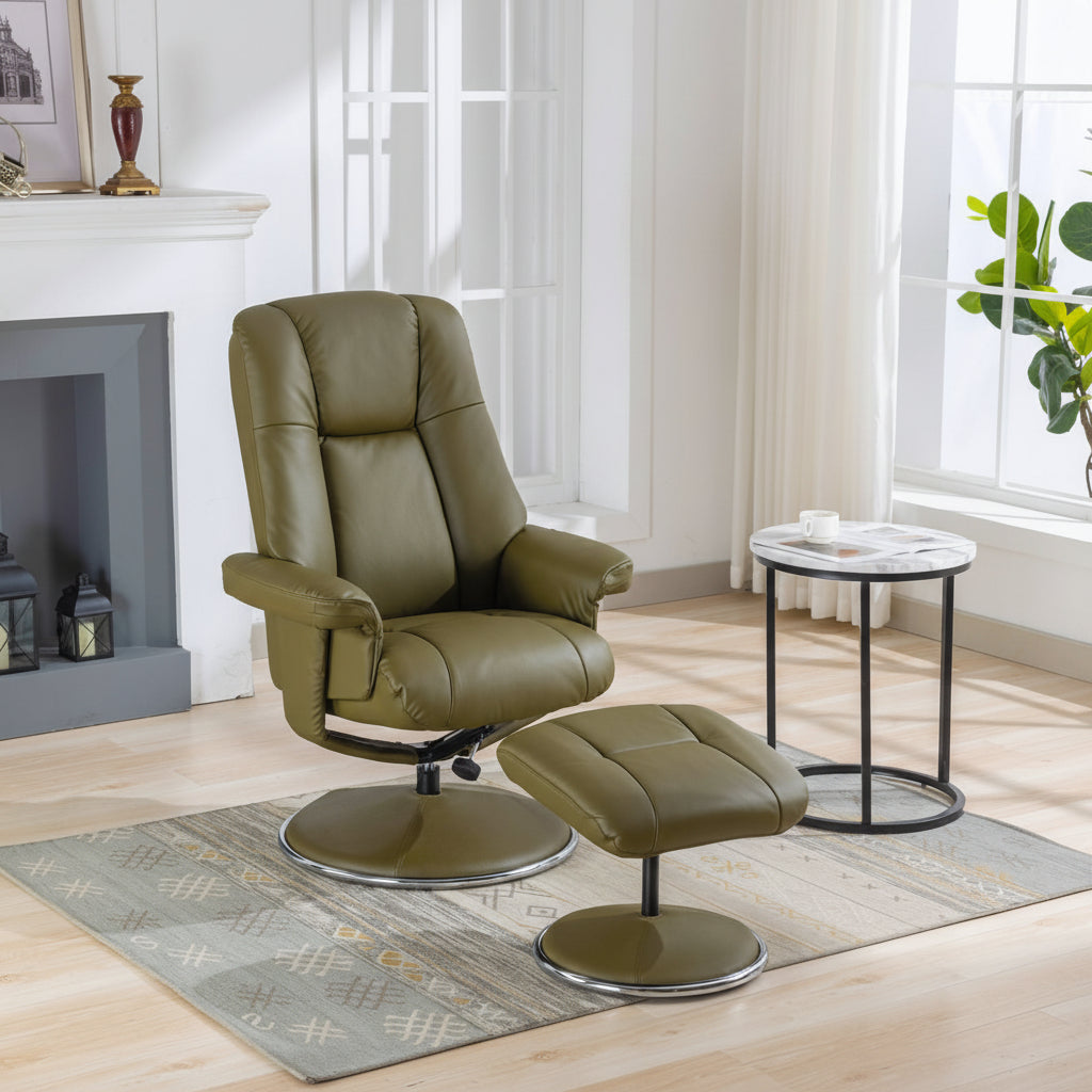 Global Furniture Alliance Denver Swivel Recliner Chair and Footstool in Olive Green soft touch leather, with a fabric covered metal base