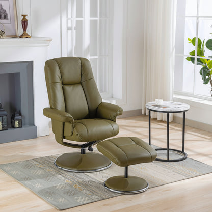 Global Furniture Alliance Denver Swivel Recliner Chair and Footstool in Olive Green soft touch leather, with a fabric covered metal base