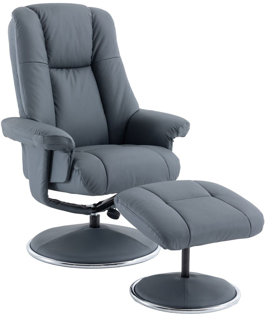 Global Furniture Alliance Denver Chair and footstool in Petrol Blue leather fabric, features a swivel and recliner mechanism
