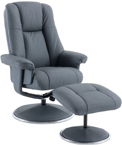 Global Furniture Alliance Denver Chair and footstool in Petrol Blue leather fabric, features a swivel and recliner mechanism