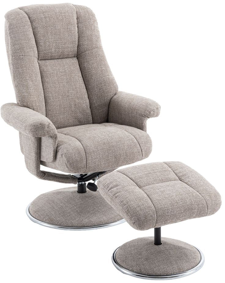 Global Furniture Alliance Denver Swivel Recliner Chair in Chacha Oat Fabric with a matching footstool