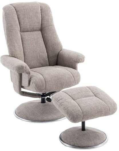 Global Furniture Alliance Denver Swivel Recliner Chair in Chacha Oat Fabric with a matching footstool