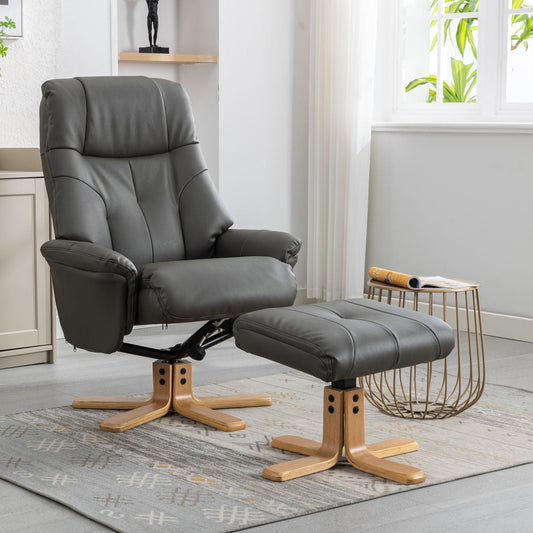Global Furniture Alliance Dubai Chair and footstool in Cinder coloured faux leather, with a swivel and recliner mechanism and light colour wood base