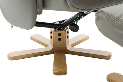 Global Furniture Alliance Dubai swivel recliner chair and footstool in Grey faux leather with a light colour wooden base