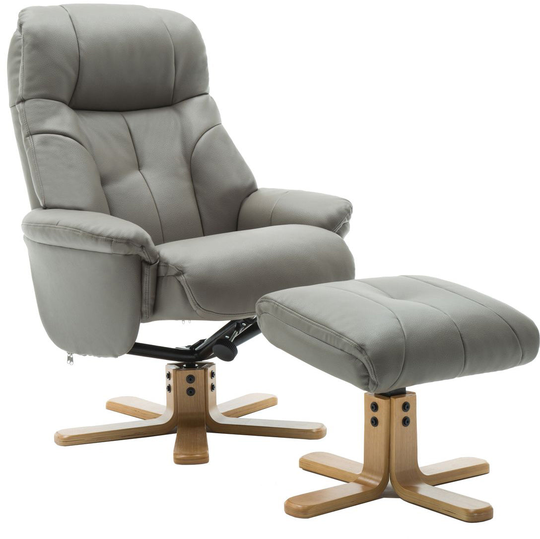 Global Furniture Alliance Dubai Swivel and Recliner Chair in Grey faux leather, with a matching footstool