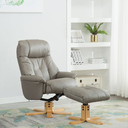 Global Furniture Alliance Dubai Chair in luxurious plush grey faux leather, with a matching footstool, swivel and recliner mechanism