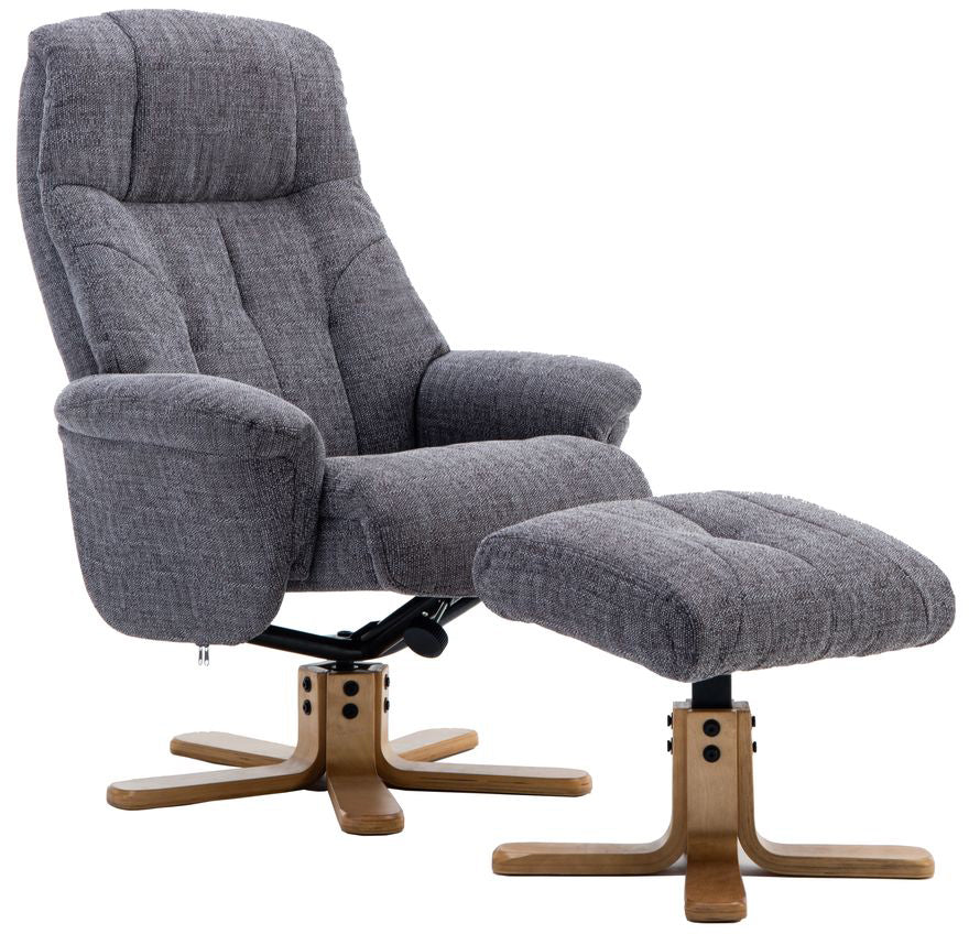 Global Furniture Alliance Dubai Swivel and Recliner Chair in Lisbon Grey soft touch fabric, with a matching footstool