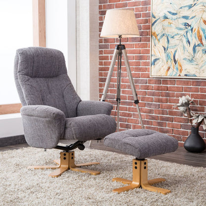Global Furniture Alliance Dubai Chair and matching footstool in Lisbon Grey soft touch fabric, with a swivel and recliner mechanism 