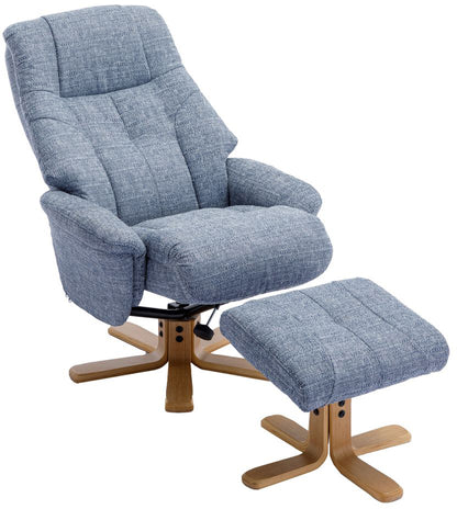 Global Furniture Alliance Dubai Chair and footstool in Lisbon Marine blue fabric, with a swivel and recline mechanism